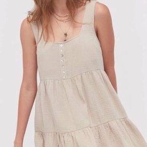 UO taupe mini dress w/ pearlescent detail buttons